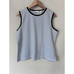 Russ Liz Claiborne VTG Large Striped Sleeveless Knit Shell Top White Blue Black